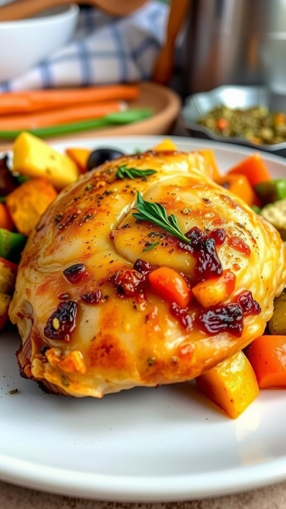 Delicious Air Fryer Chicken Recipe for 5L Fryers Golden crispy air fryer chicken thigh garnished with herbs, served with roasted vegetables.